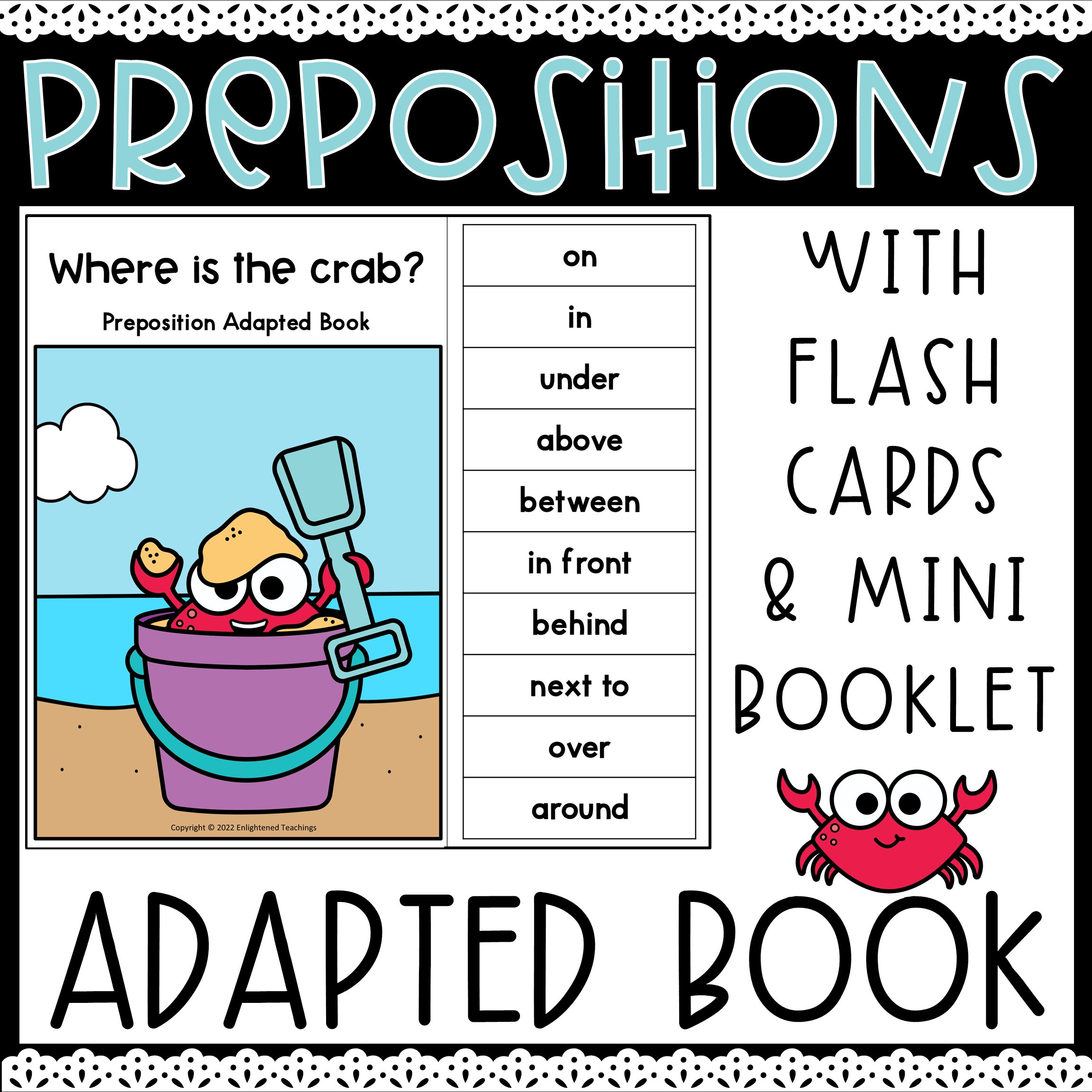 Summer Prepositions Adapted Book Interactive Booklet Flash Cards - Crab