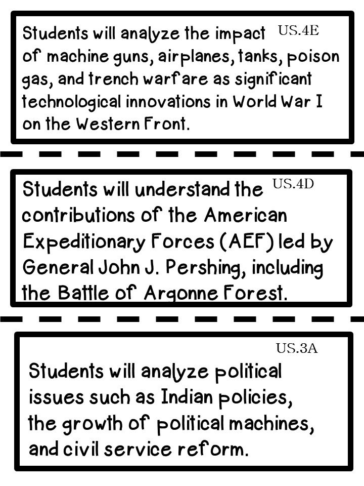 US History High School Texas TEKS Learning Objectives Cards Color & B