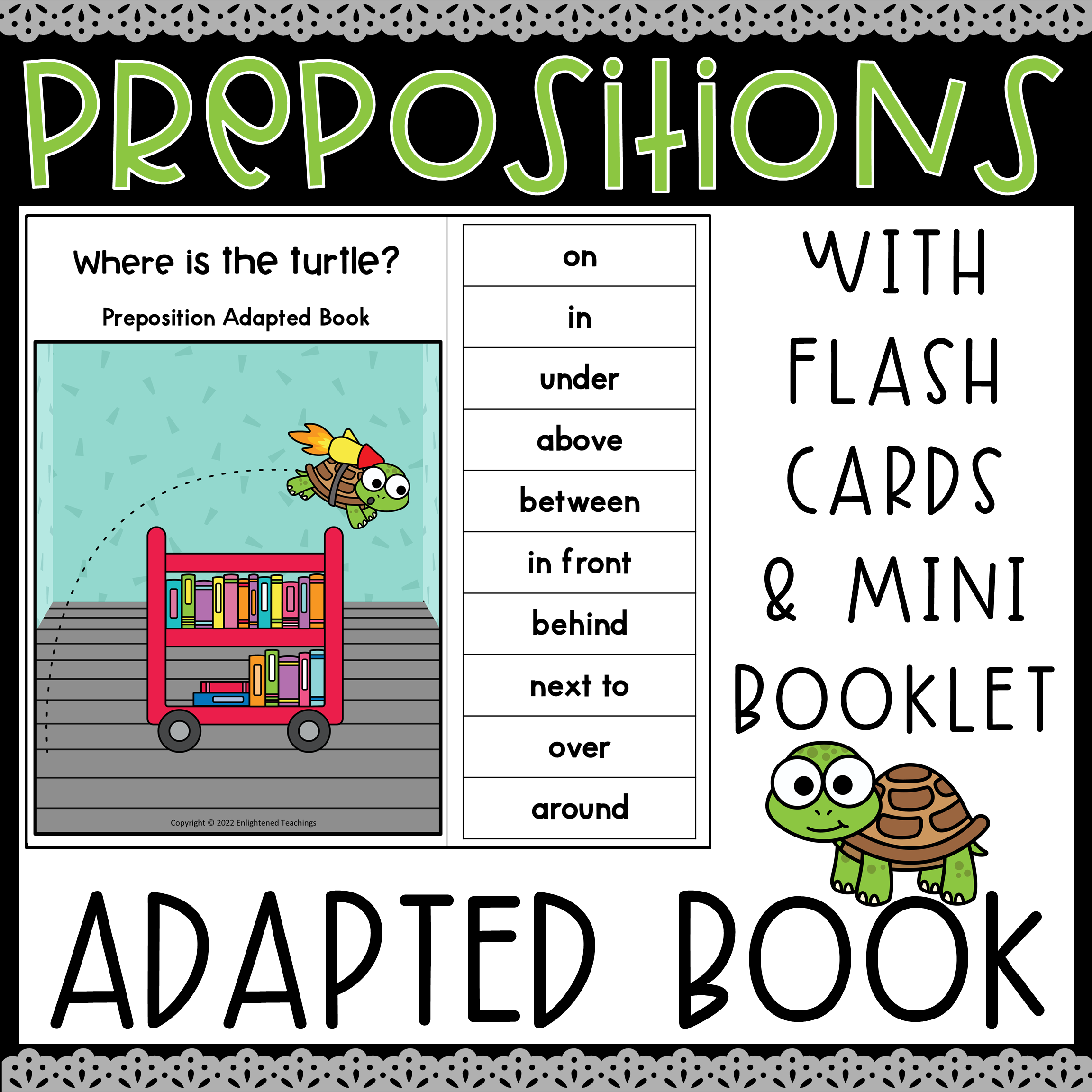 Back to School Prepositions Adapted Book Interactive Booklet Flash Cards - Turtle