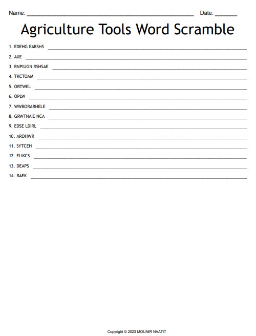 Agriculture Tools Word Scramble - Farming Equipment Words Puzzles
