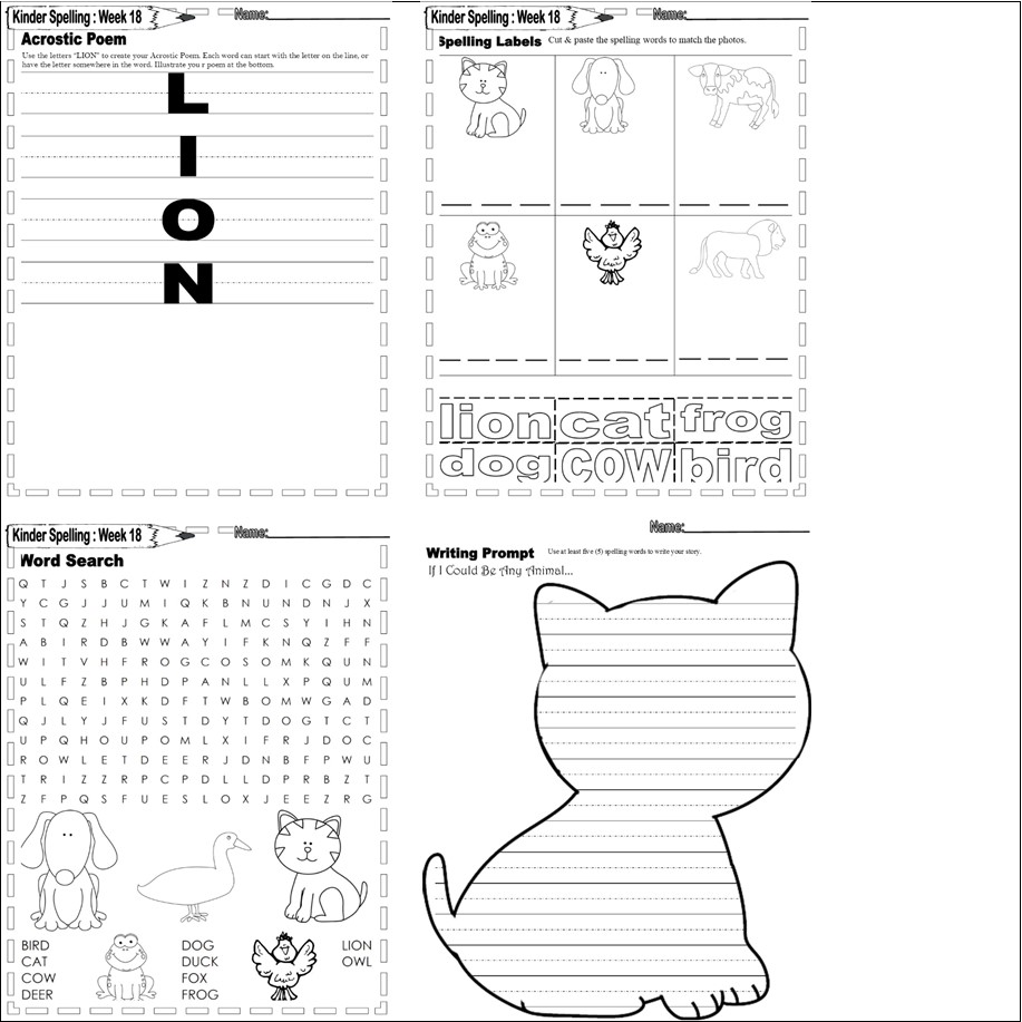 Kindergarten Spelling Worksheets Curriculum Week 18 ANIMAL WORDS | Made ...