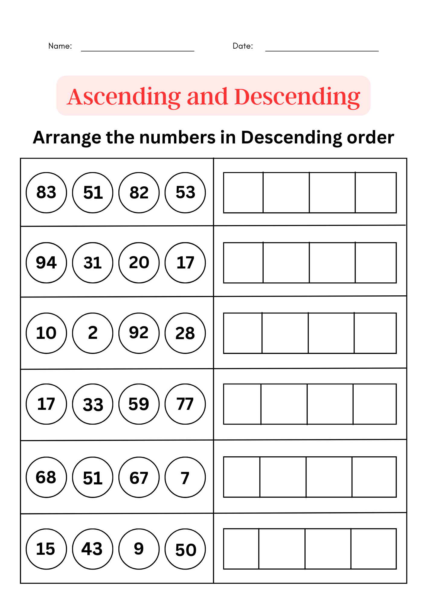 Ascending And Descending Order Worksheet 1 To 100 Ordering Numbers 