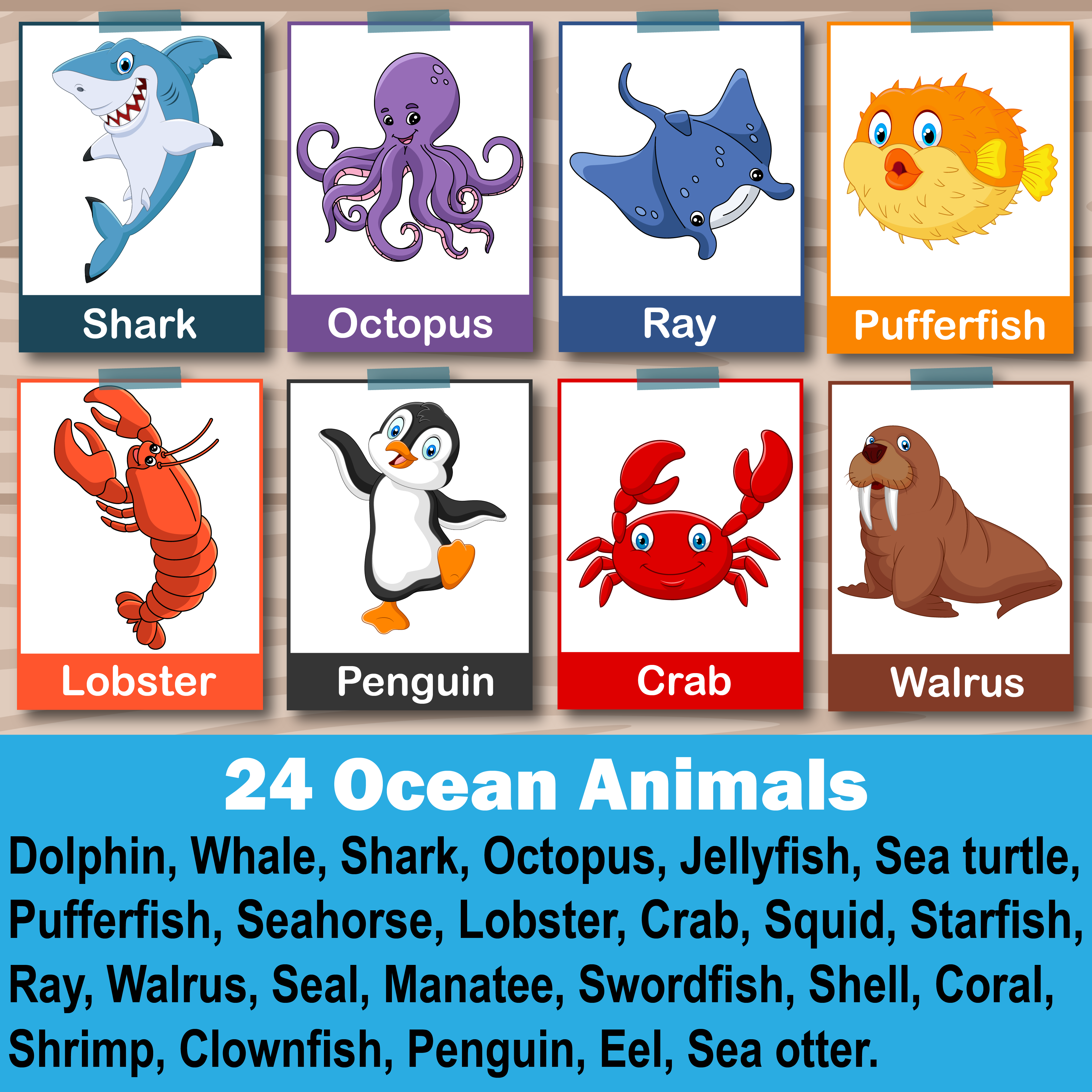 24 Ocean Animals Flashcards Printable Digital Download for Home and