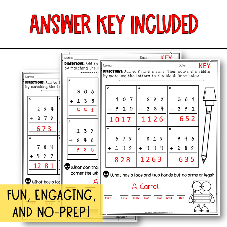 3 Digit Addition with Regrouping Riddle/Math Puzzle Riddle Activity