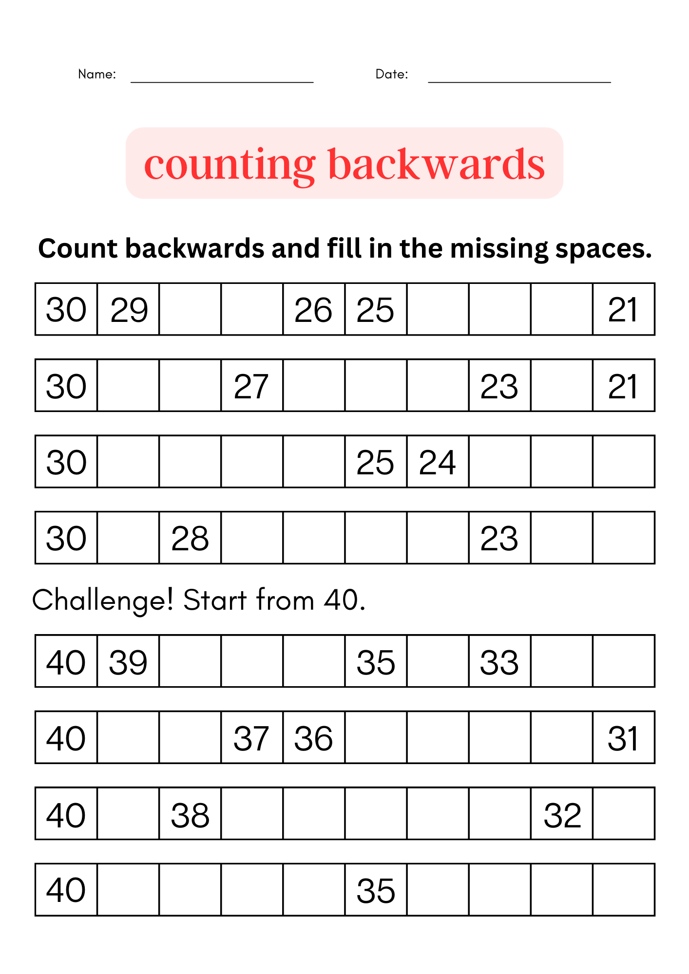 printable backward counting activities 100 to 1 worksheet for grade 1, 2, 3 Made By Teachers