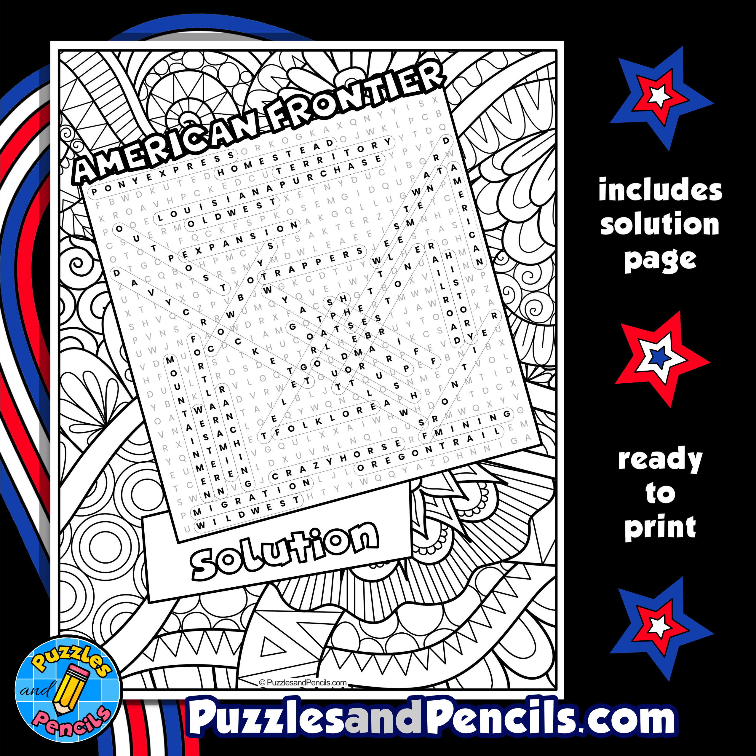 American Frontier Word Search Puzzle with Coloring | US History ...