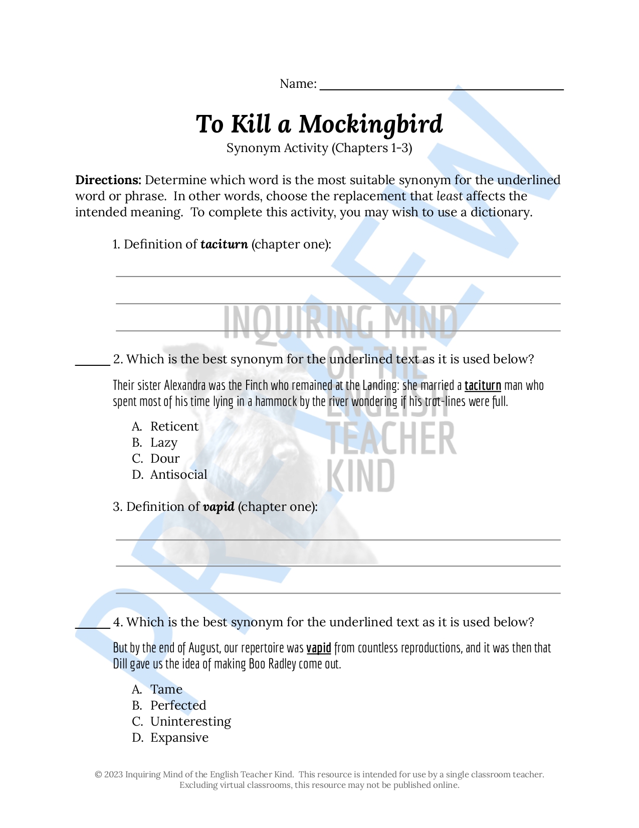 To Kill a Mockingbird Chapters 1 through 3 Synonym Activity Made By