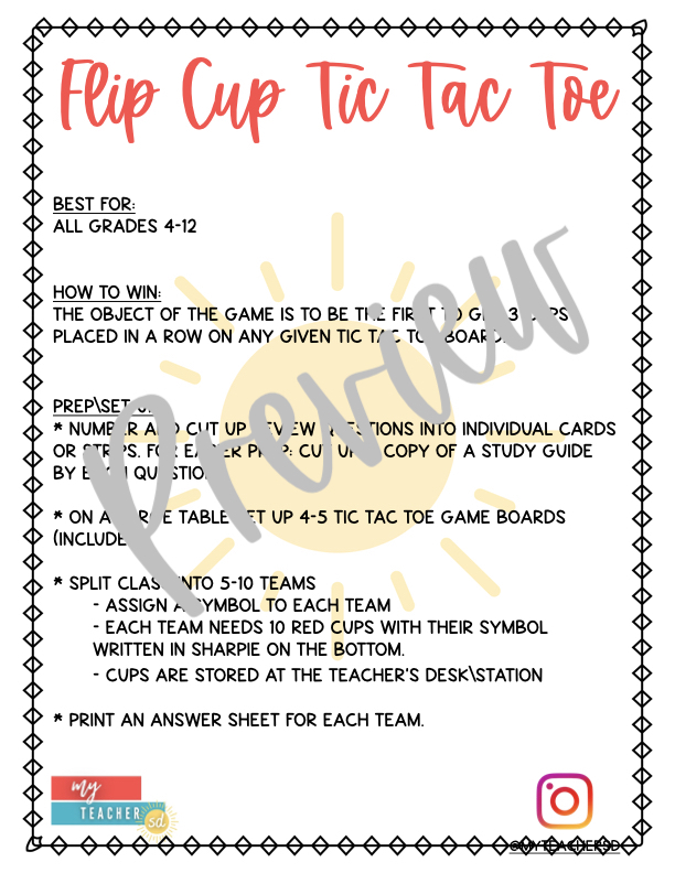 Flip Cup Tic Tac Toe Review Game (Elementary, Middle, High School Level