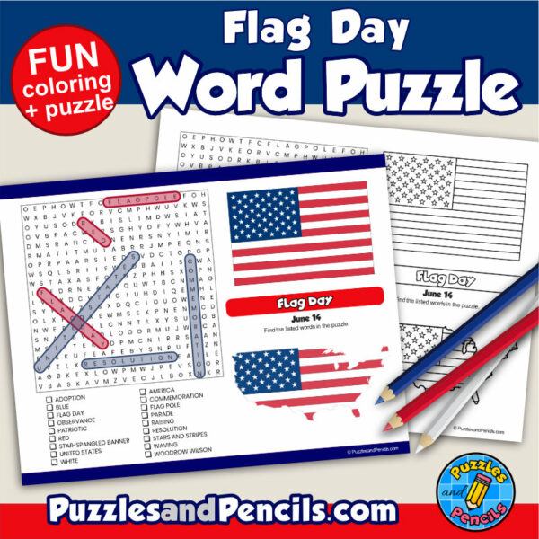 Flag Day Word Search Puzzle Activity Page and Coloring June
