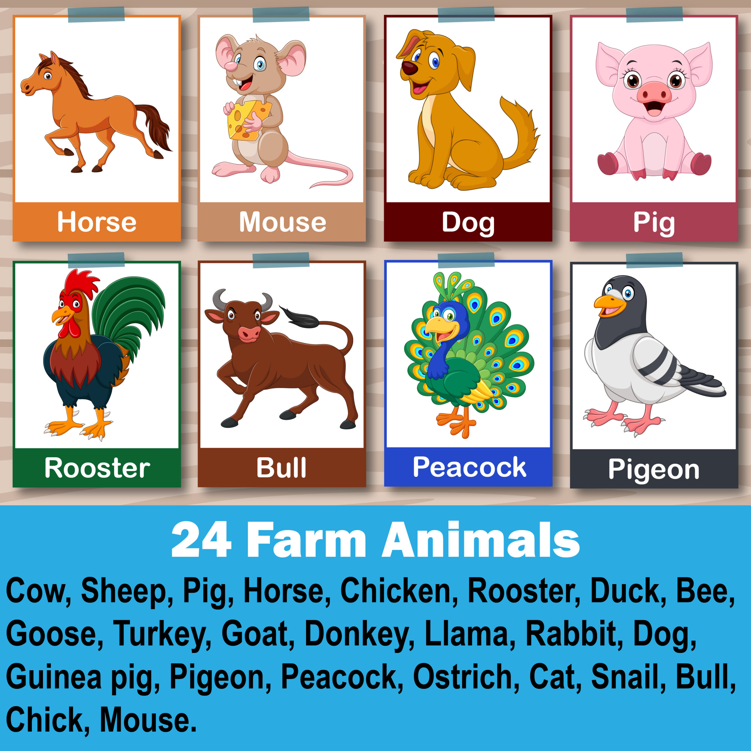 24 Farm Animals Cards, Montessori flashcards, Cute Farm Animals Flashcards, Farm Animals