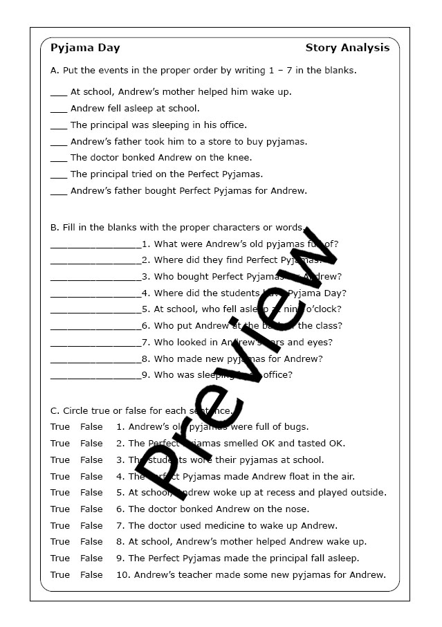 Robert Munsch "Pyjama Day" worksheets Made By Teachers