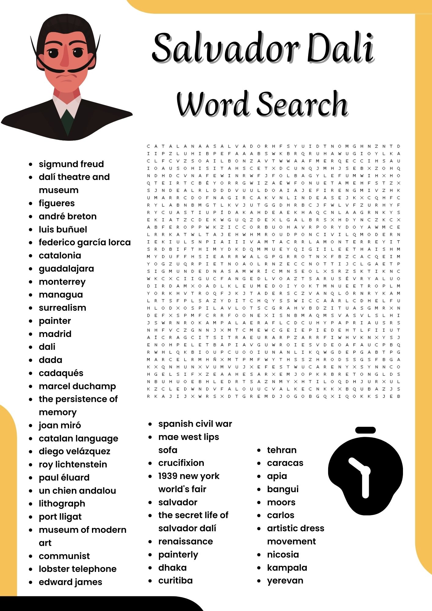 Salvador dali word search puzzle worksheet activities for kids made