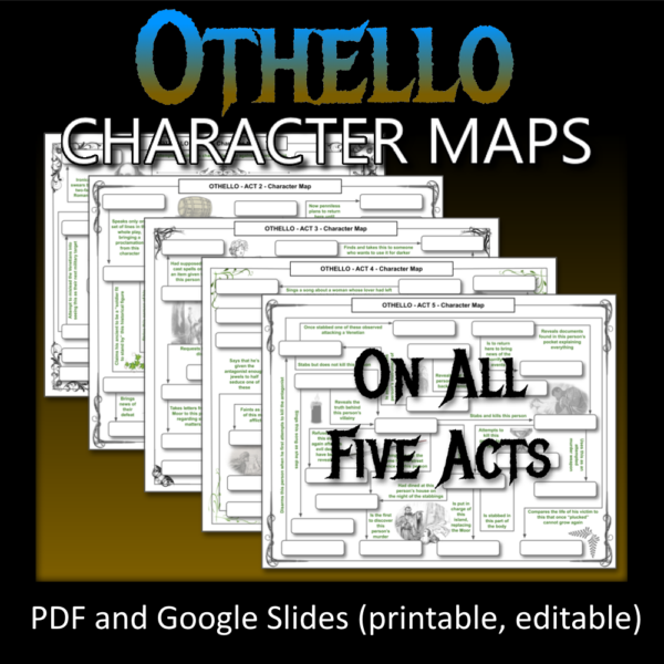 5 OTHELLO Character Maps (Worksheets, Quizzes, Tests, Review) PDF No