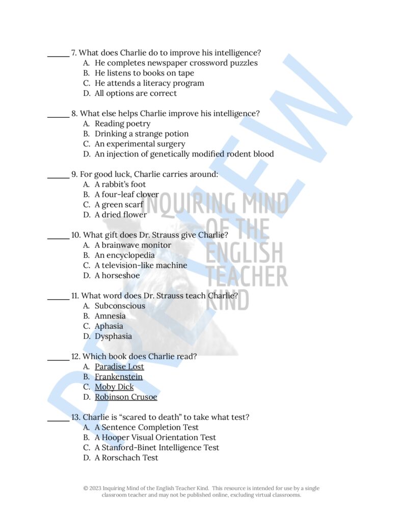 "Flowers for Algernon" by Daniel Keyes Quiz and Answer Key (Short Story