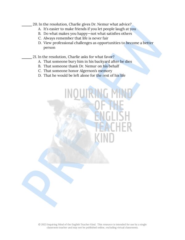 "Flowers for Algernon" by Daniel Keyes Quiz and Answer Key (Short Story