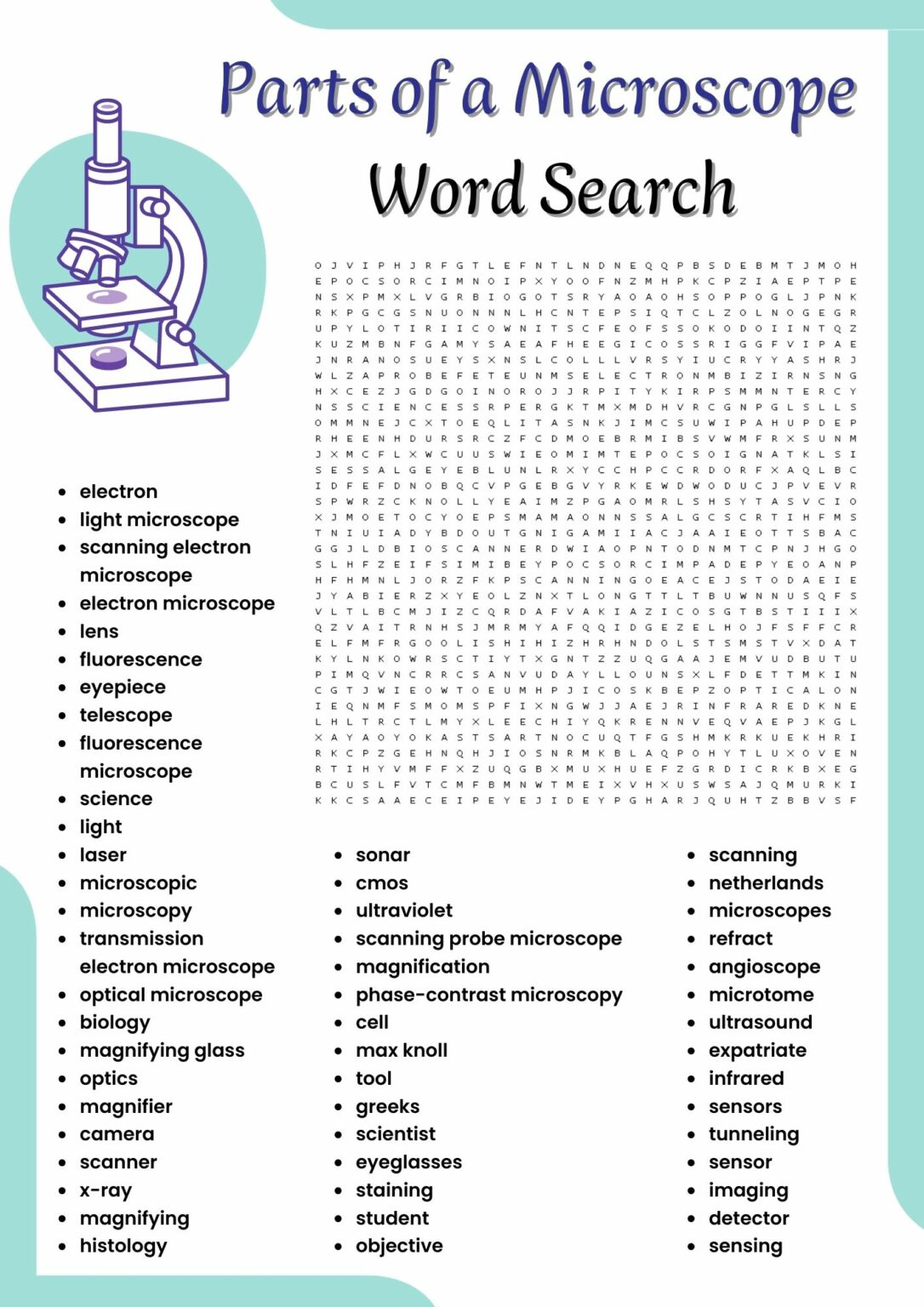 Parts of a Microscope word search Puzzle worksheet activities for kids