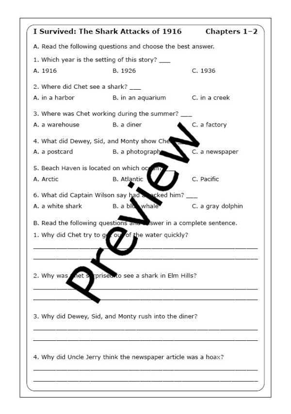 Lauren Tarshis "I Survived the Shark Attacks of 1916" worksheets | Made ...