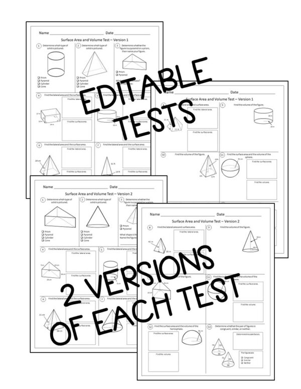 Surface Area and Volume Tests - Geometry Editable Assessments - Made By ...