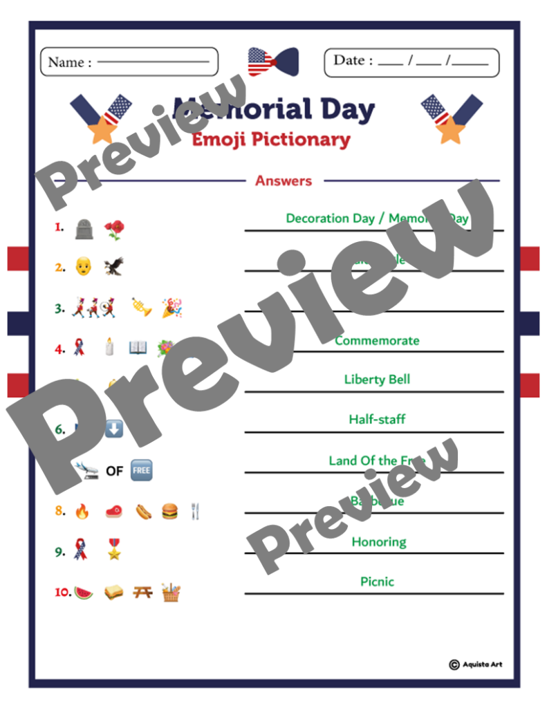 Memorial Day Emoji Pictionary Game Decode the Symbols Made By Teachers