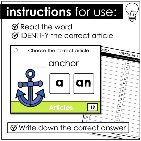 Indefinite Articles A or AN - Task Cards - ESL GRAMMAR TOOLBOX | Made ...