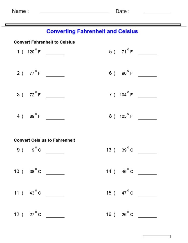 Measurement Worksheets Fahrenheit & Celsius Conversion Worksheets