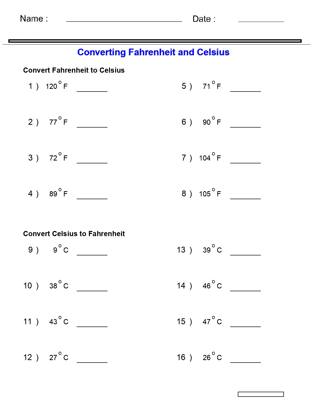 Measurement Worksheets Fahrenheit & Celsius Conversion Worksheets