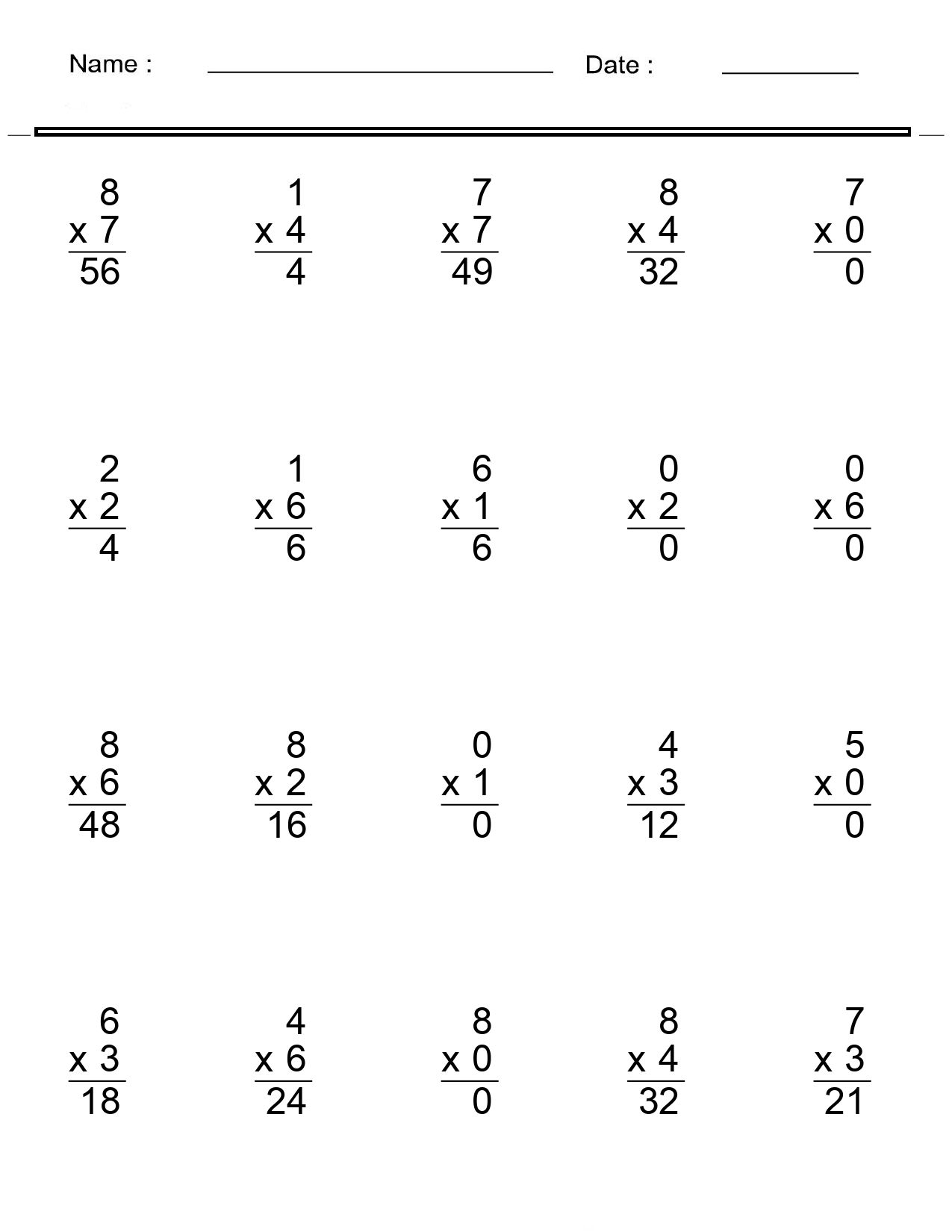 Multiplication Worksheets Single Digit Multiplication Worksheets