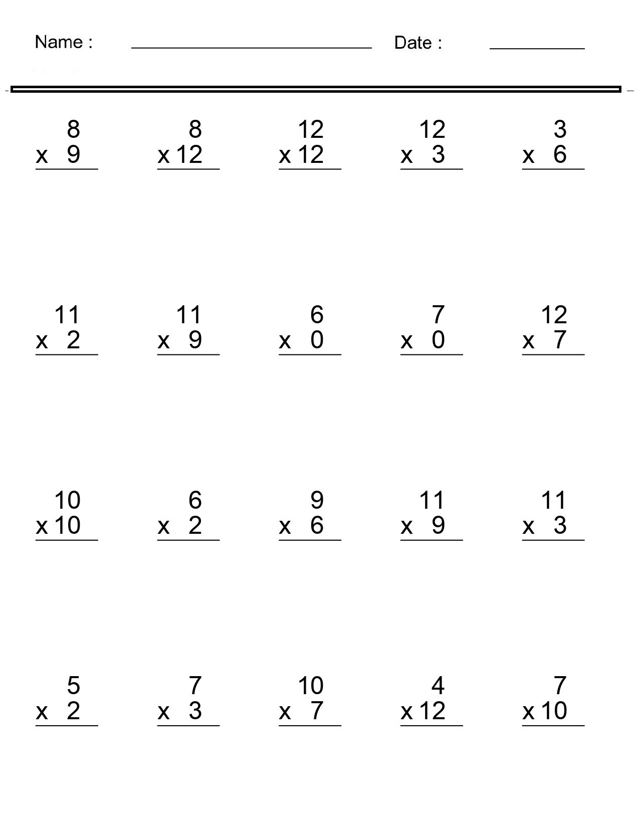 Multiplication Worksheets - Problem Range Between 0 and 12 in a ...