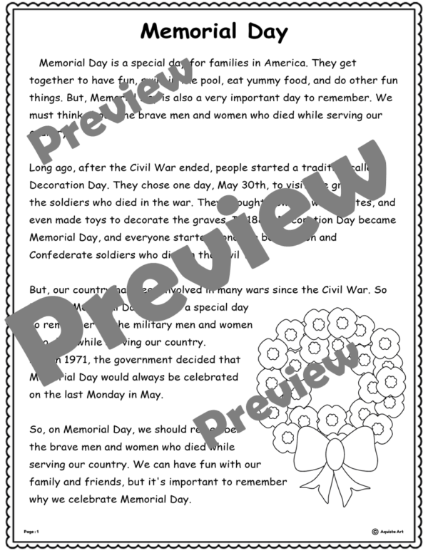 Memorial Day Reading Comprehension for Early Elementary Students | Made ...