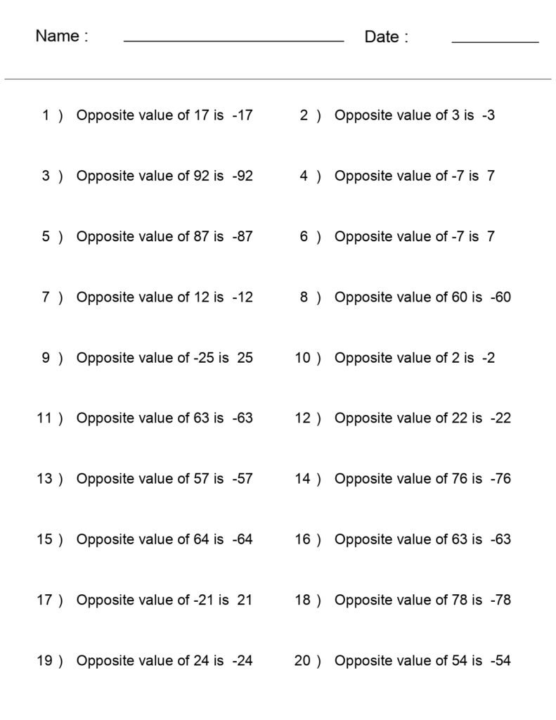Integers Worksheets - Opposite Values of Integers Worksheets | Made By ...