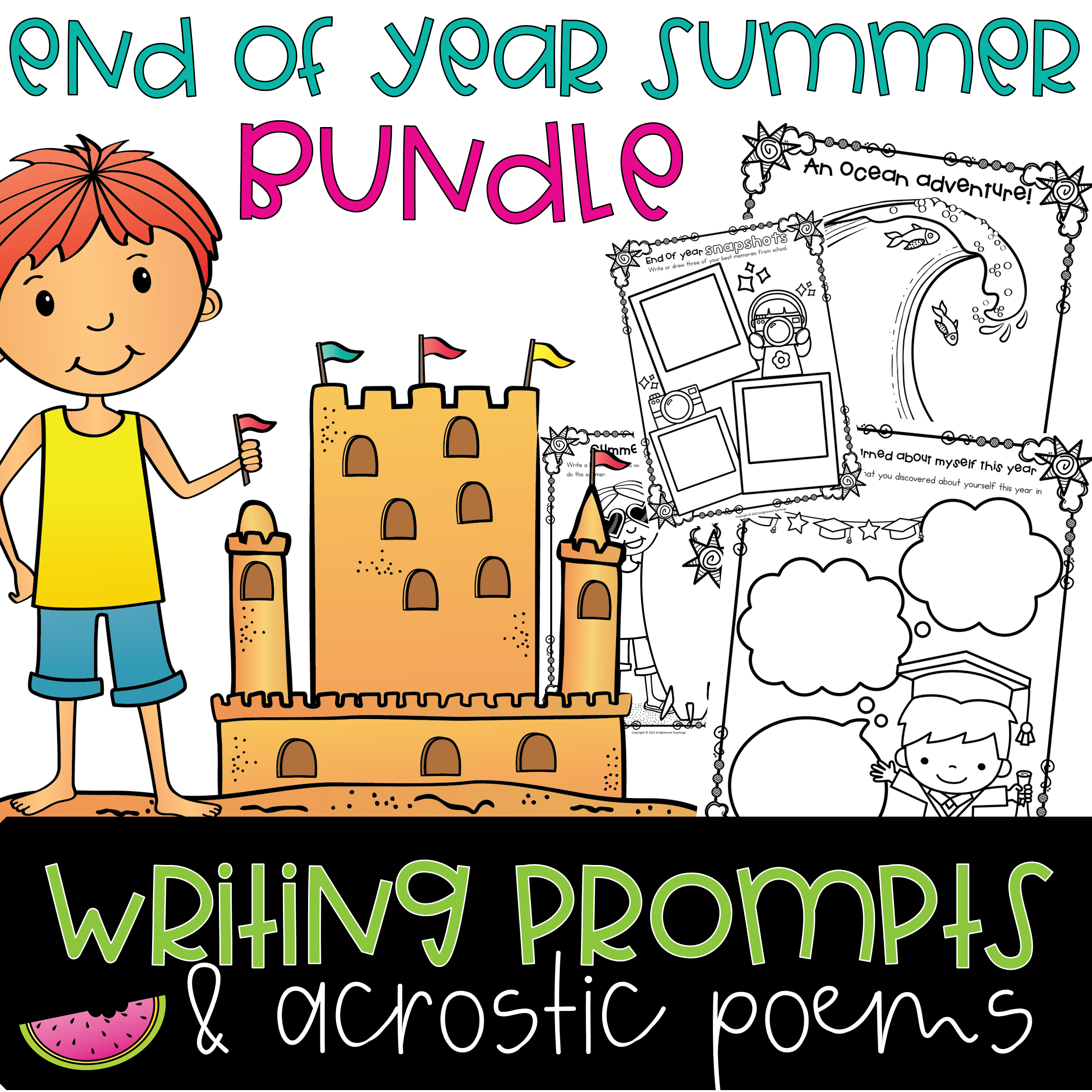 End of Year Summer creative writing prompts and acrostic poems Bundle