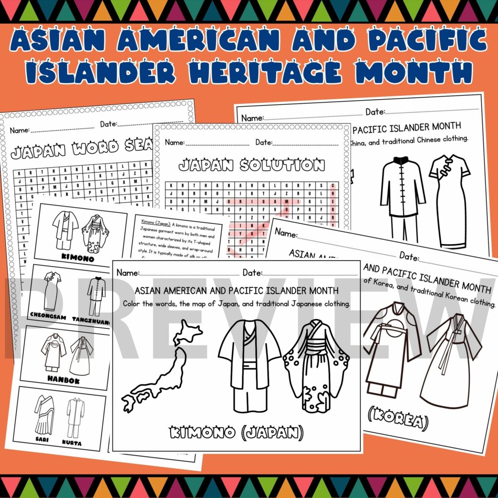 AAPI Heritage Month Traditional Clothes Coloring Pages, Word Search ...