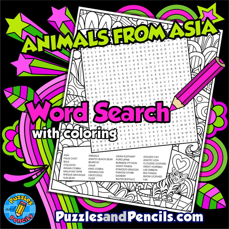Animals from Asia Word Search Puzzle with Coloring | Asia Wordsearch