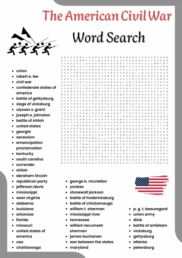 The American Civil War word search Puzzle worksheet activities for kids ...