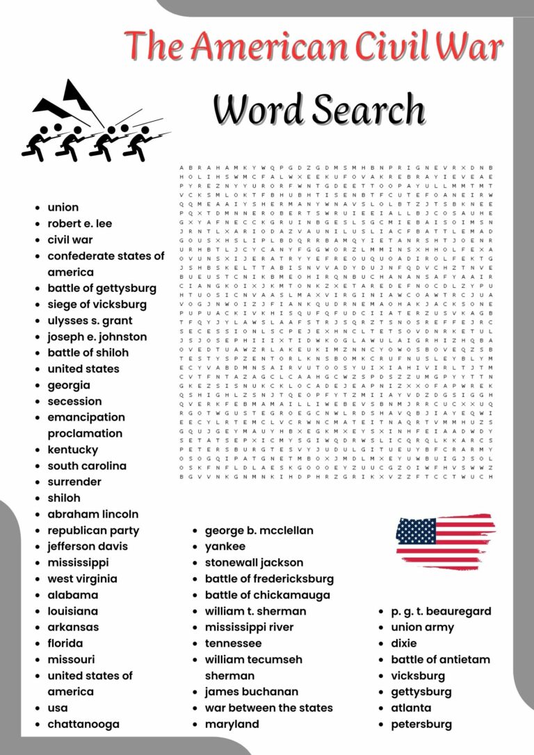 The American Civil War word search Puzzle worksheet activities for kids ...