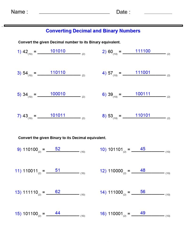 Number Systems Worksheets - Decimal and Binary Worksheets | Made By ...