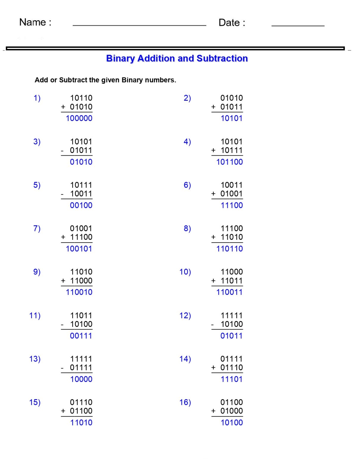 Number Systems Worksheets - Adding and Subtracting Binary Worksheets ...