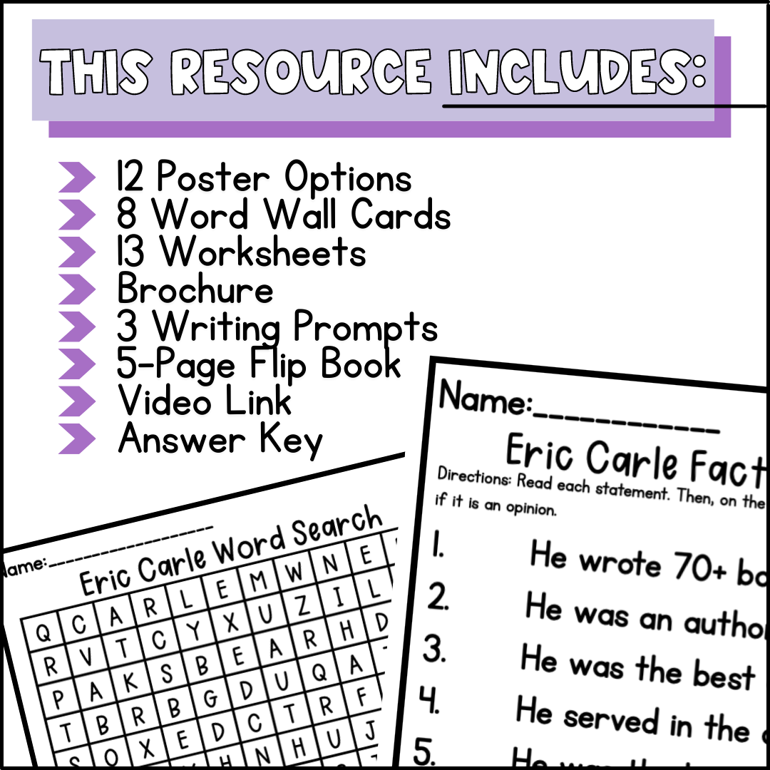 Eric Carle Biography Activities, Worksheets, Report, & Flip Book