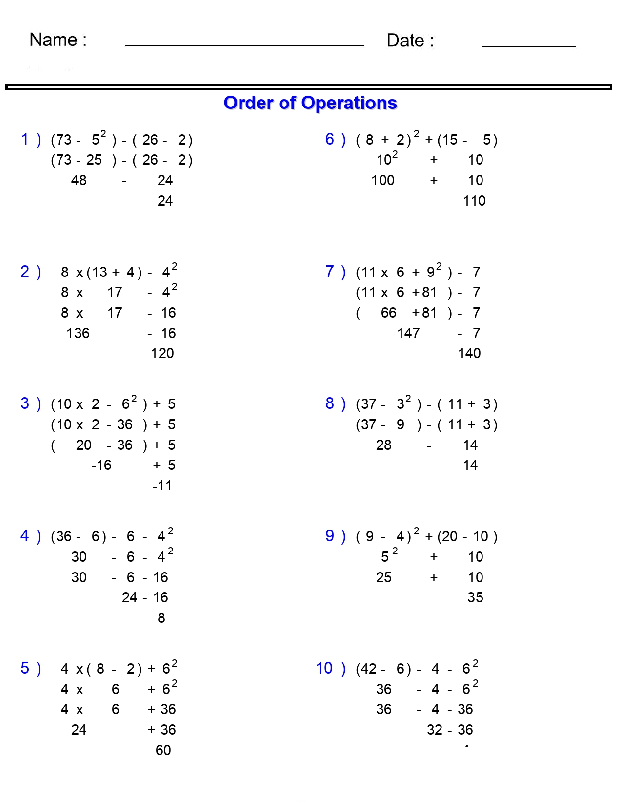 Order of Operations Without Division Worksheets with Parentheses and