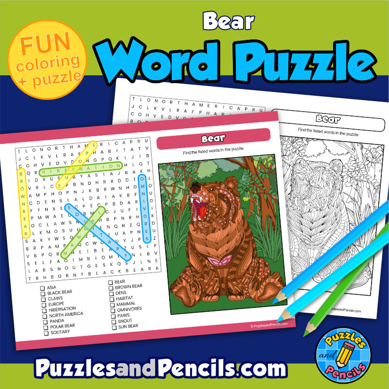 Bear word search puzzle activity page and coloring wordsearch made