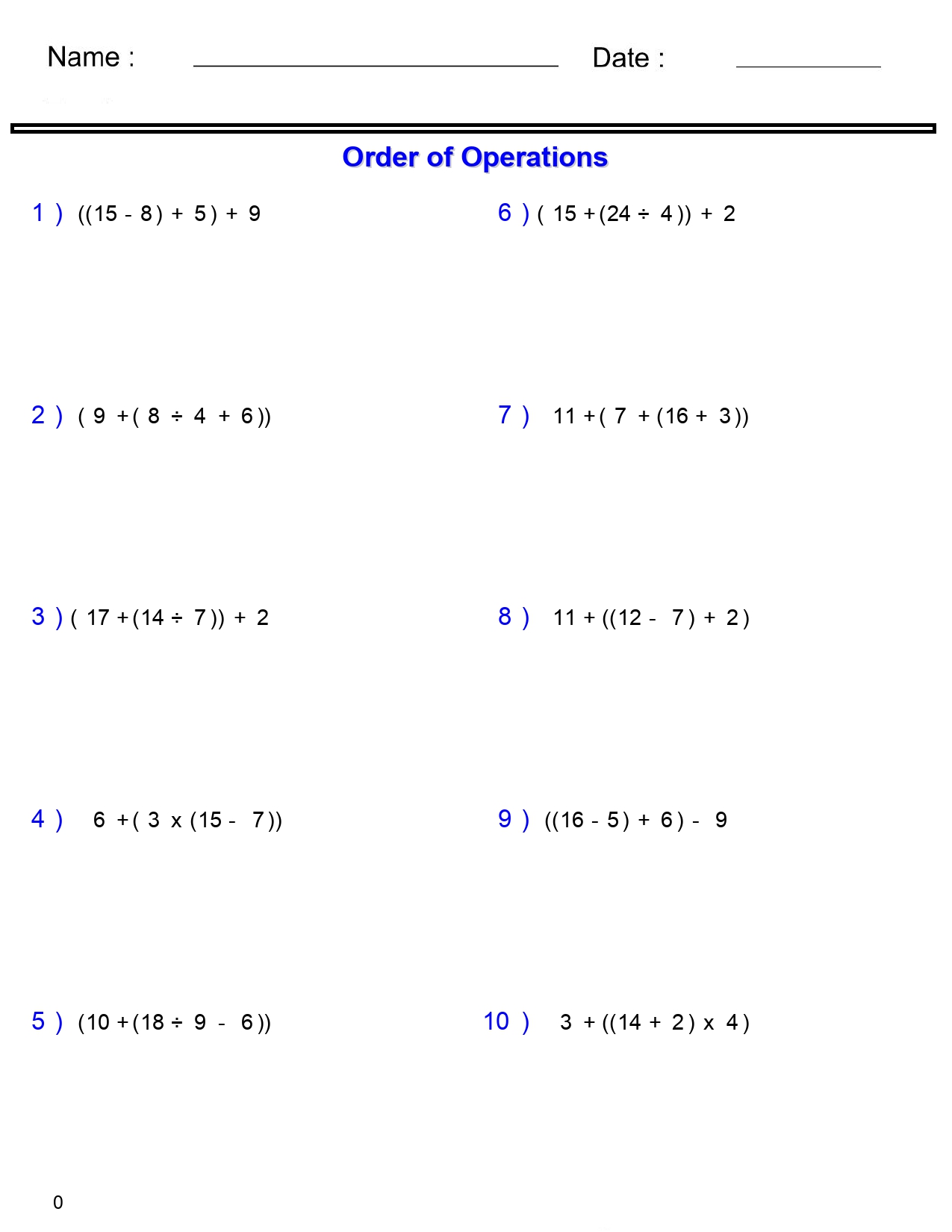 PEMDAS Problems Order of Operations Worksheets Basic with Nested Parentheses Made By Teachers