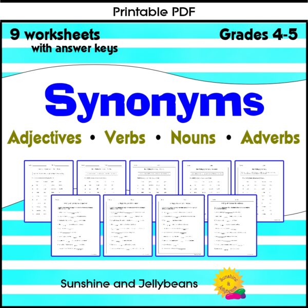 Synonyms Adjectives, Verbs, Nouns, Adverbs 9 worksheets Grades 4