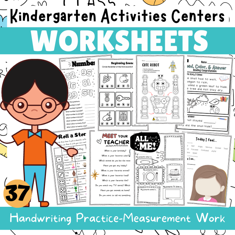 Kindergarten Activities Centers Worksheets-Handwriting Practice-Measurement Work-Math & More...
