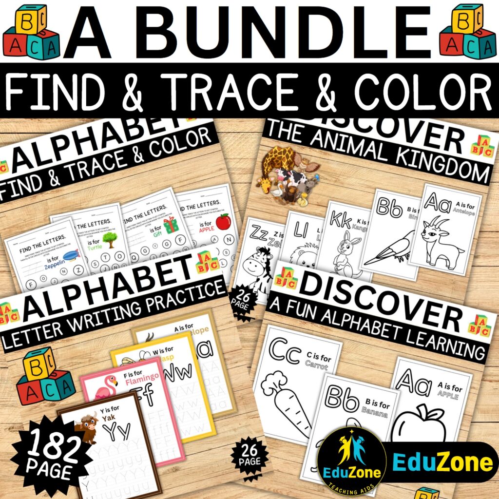 182Page Jungle & Alphabet Learning Bundle ABC Coloring, Tracing