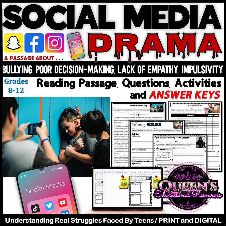 Social Media Reading Passage and Activities, Bullying, Poor Decision-making, Lack of Empathy