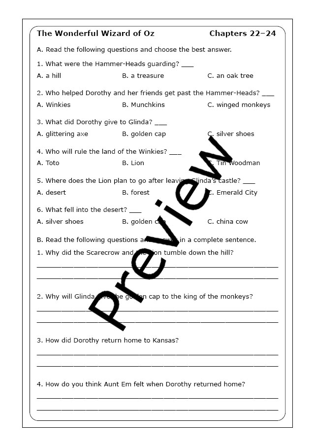 Frank Baum "The Wonderful Wizard of Oz" worksheets Made By Teachers