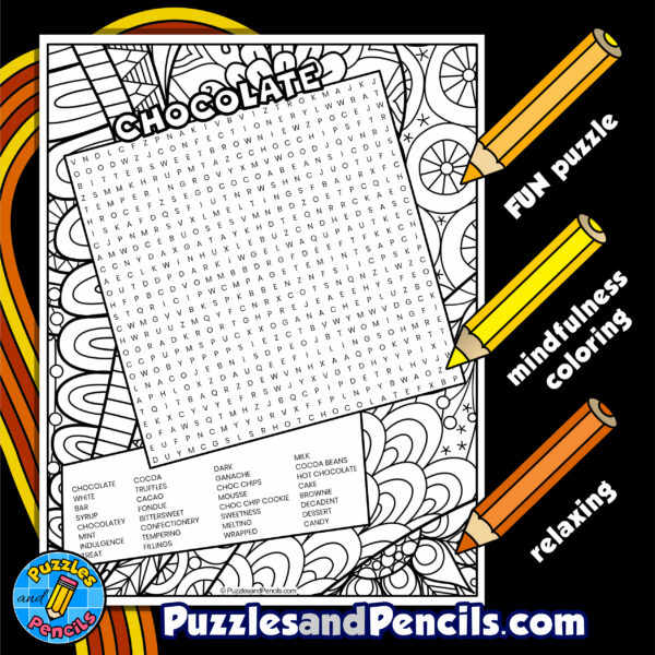 Chocolate Word Search Puzzle Activity with Coloring | Wordsearch | Made