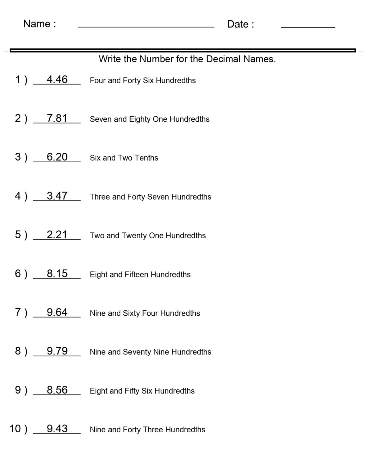 Place Value Worksheets Decimal Numbers For Word Names Worksheets Made