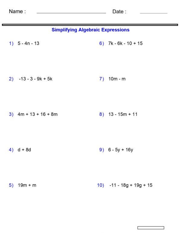 Algebraic Expressions Worksheets Simplifying Variables Worksheets 2 -3 ...
