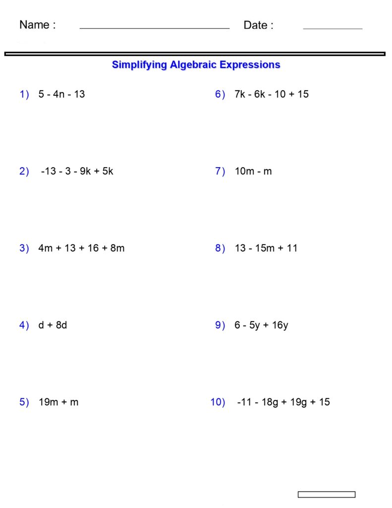 Algebraic Expressions Worksheets Simplifying Variables Worksheets 2 -3 ...
